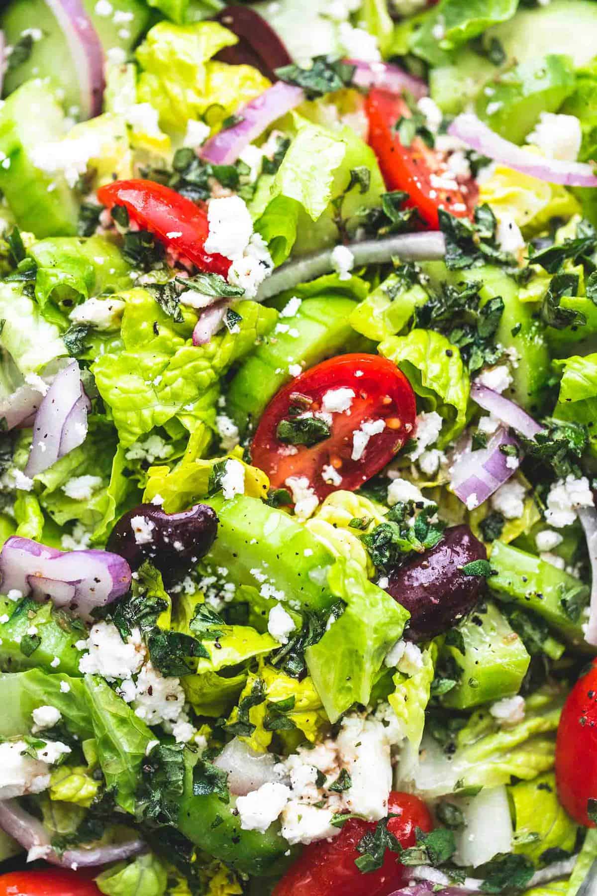 close up of Greek tossed green salad.