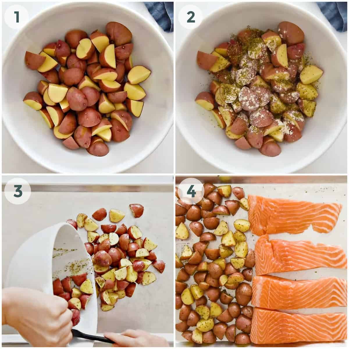 sheet pan salmon asparagus steps 1-4
